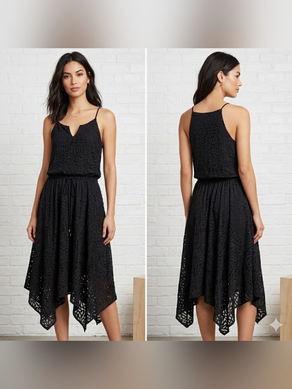 Mossimo Black Eyelet Geometric Midi Dress Spaghetti Strap V-Neck Drawstring M